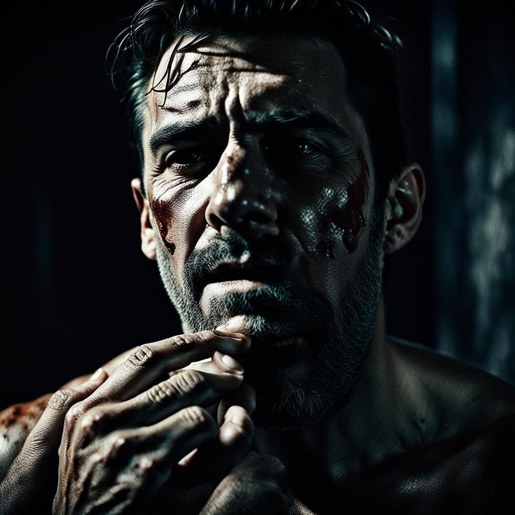 Gritty Close-Up of Man Peeling Skin with Cinematic Lighting