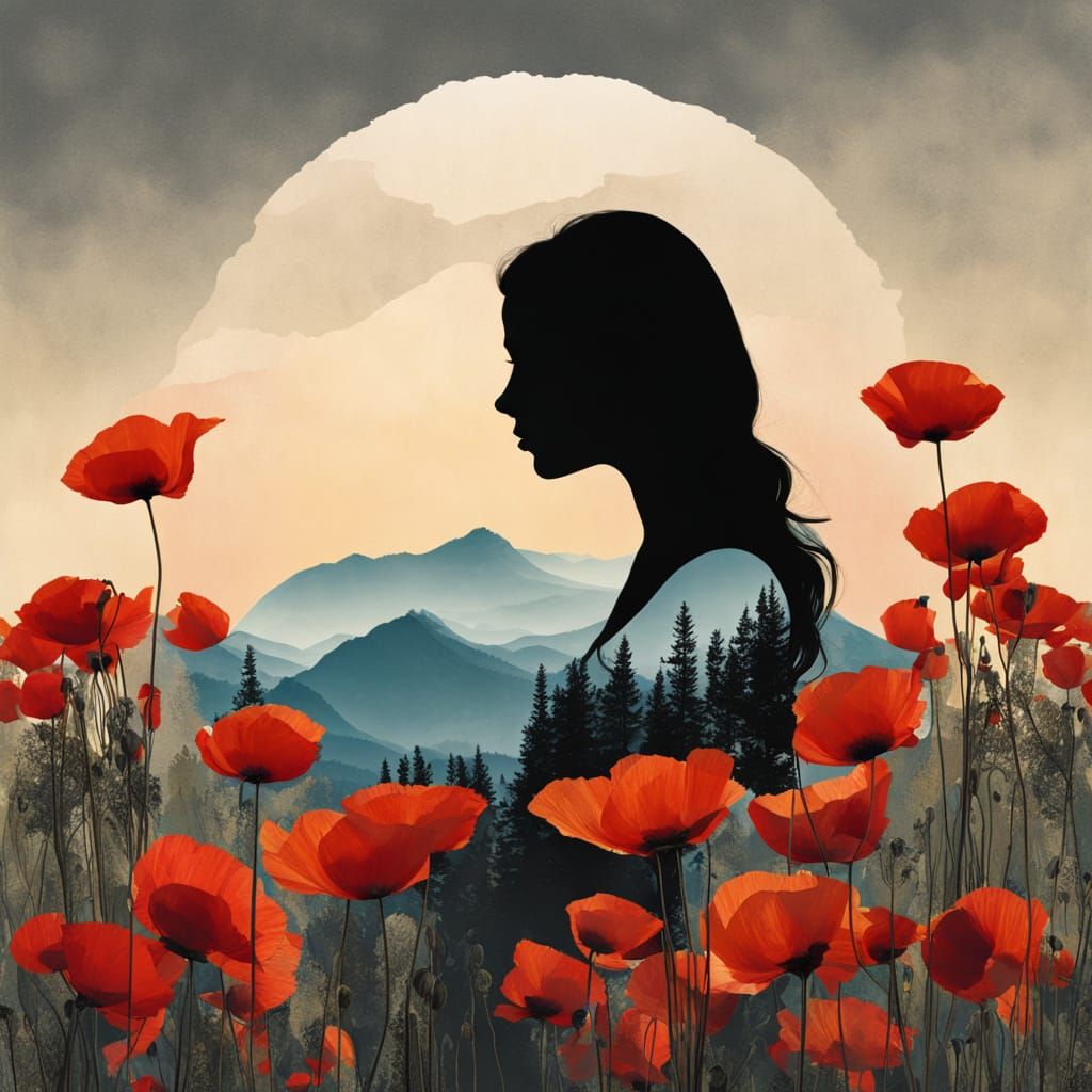 Surreal Landscape with Silhouetted Poppies Against Majestic ...