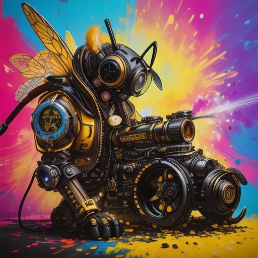 Honey Bee Collecting Pollen in Graffiti Art Style