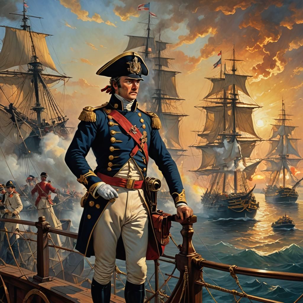 Napoleonic War: Captain Surveys Naval Battle in Oil Painting...