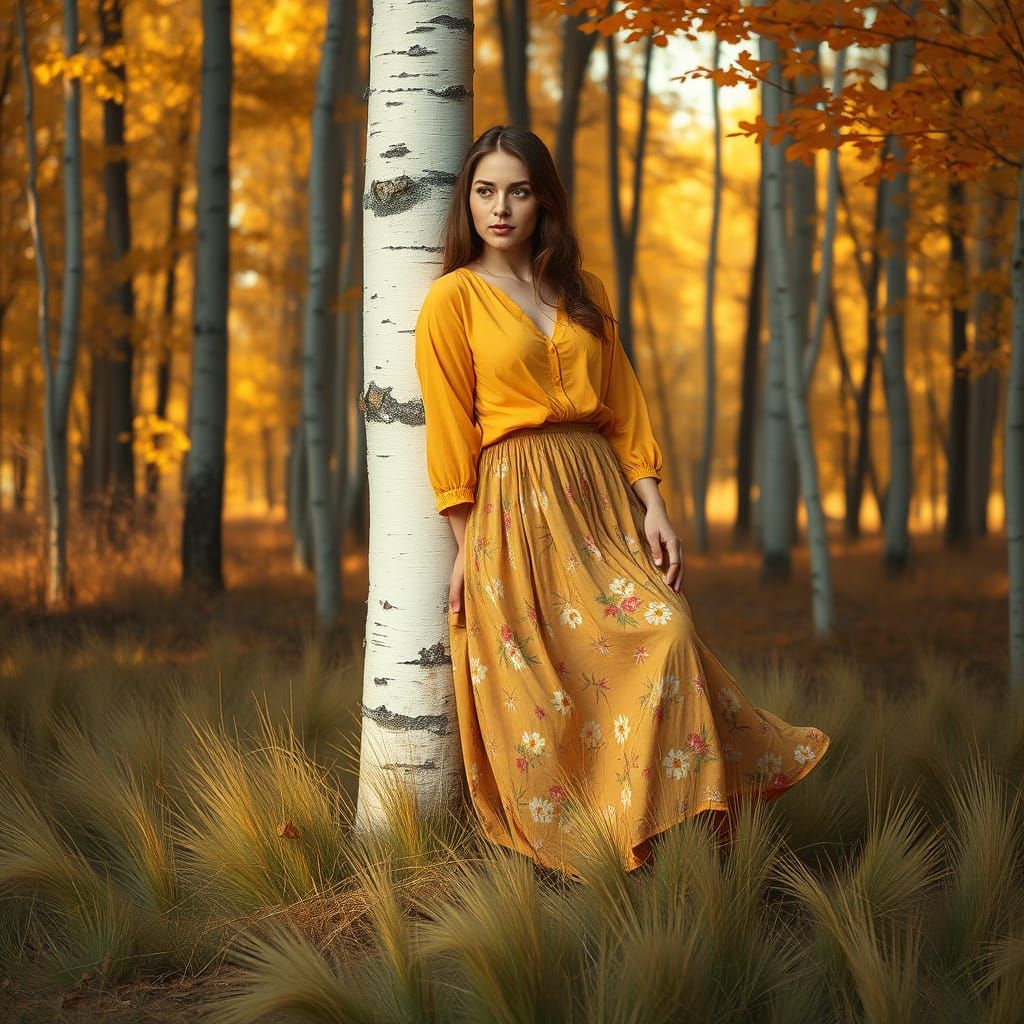 Woman in Autumn Forest, Floral Skirt and Yellow Blouse, Warm...