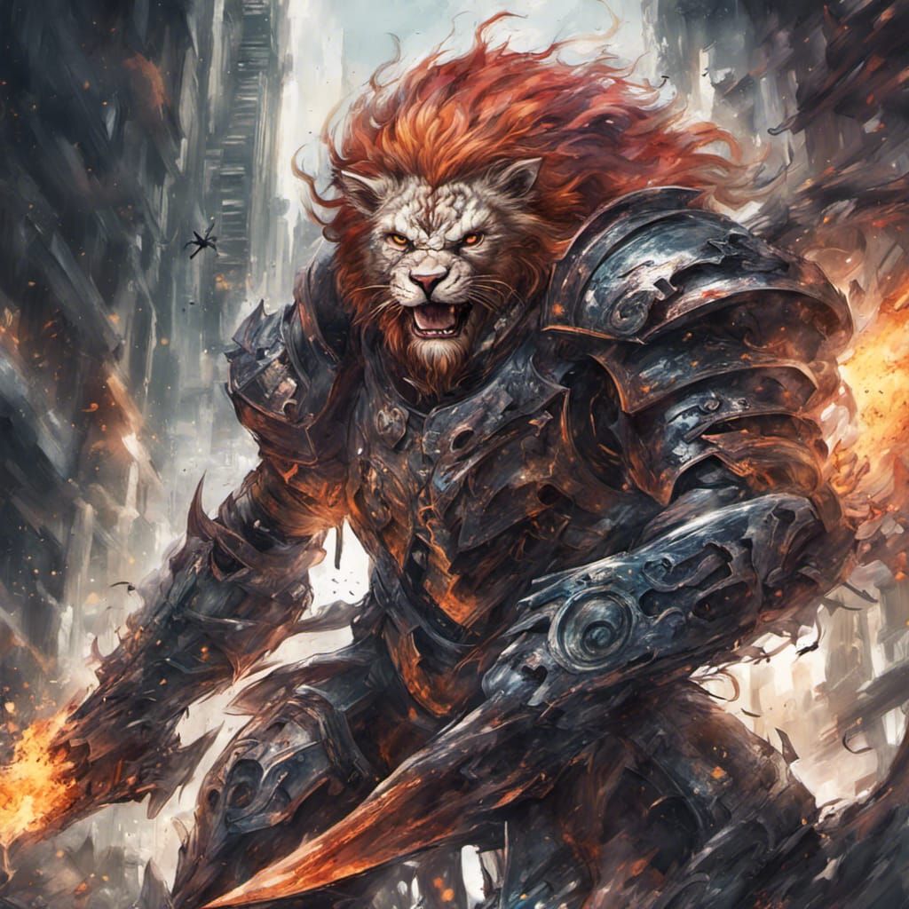 Anthropomorphic Lion Galaxy Knight slaying a god