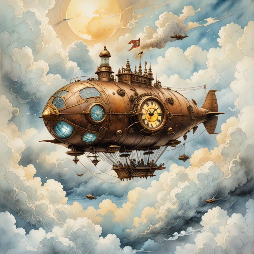 Ethereal Steampunk Airship Soars Amidst Whirling Clouds