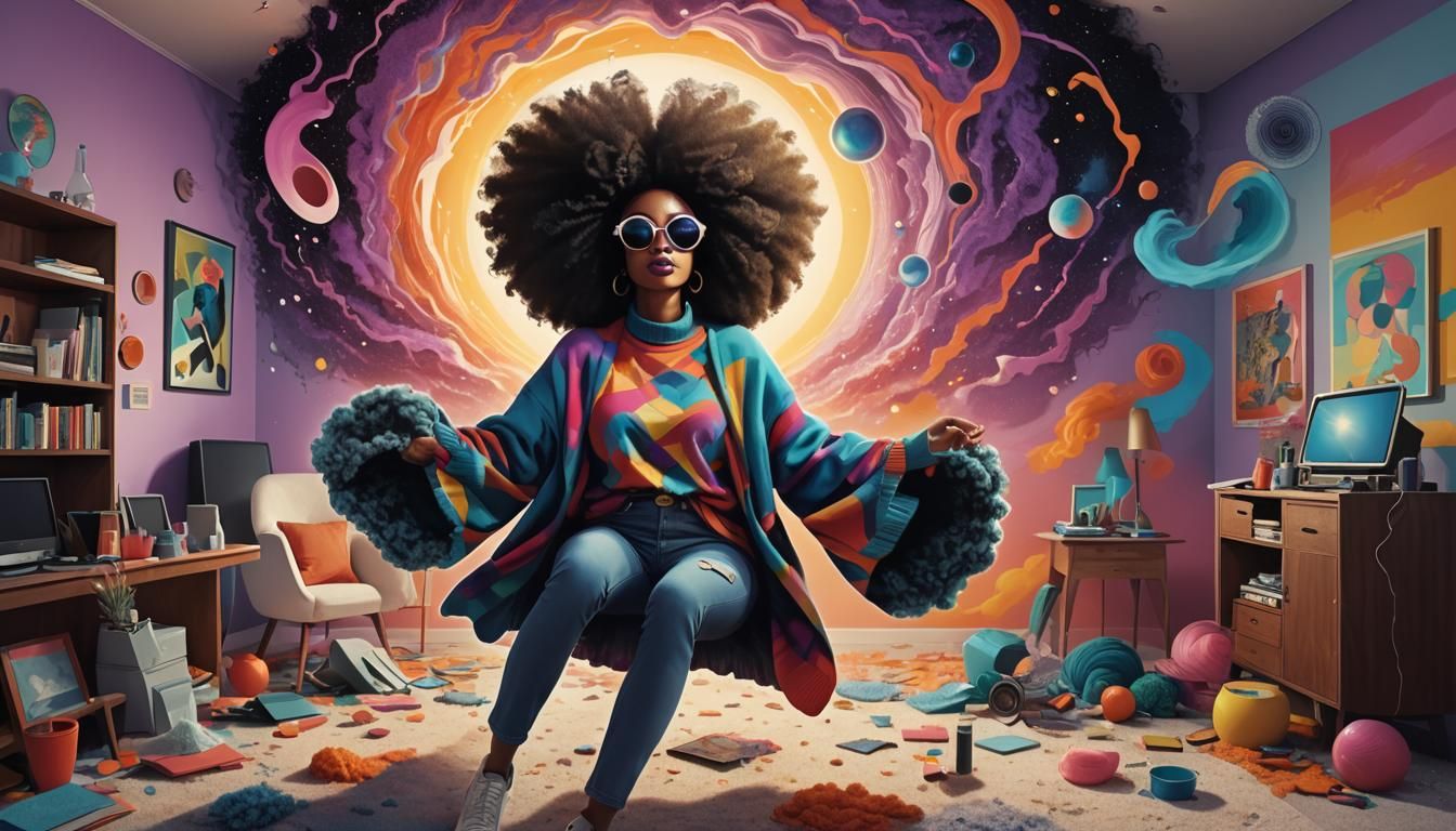 Seventies Fashion Girl in Black Hole Living Room