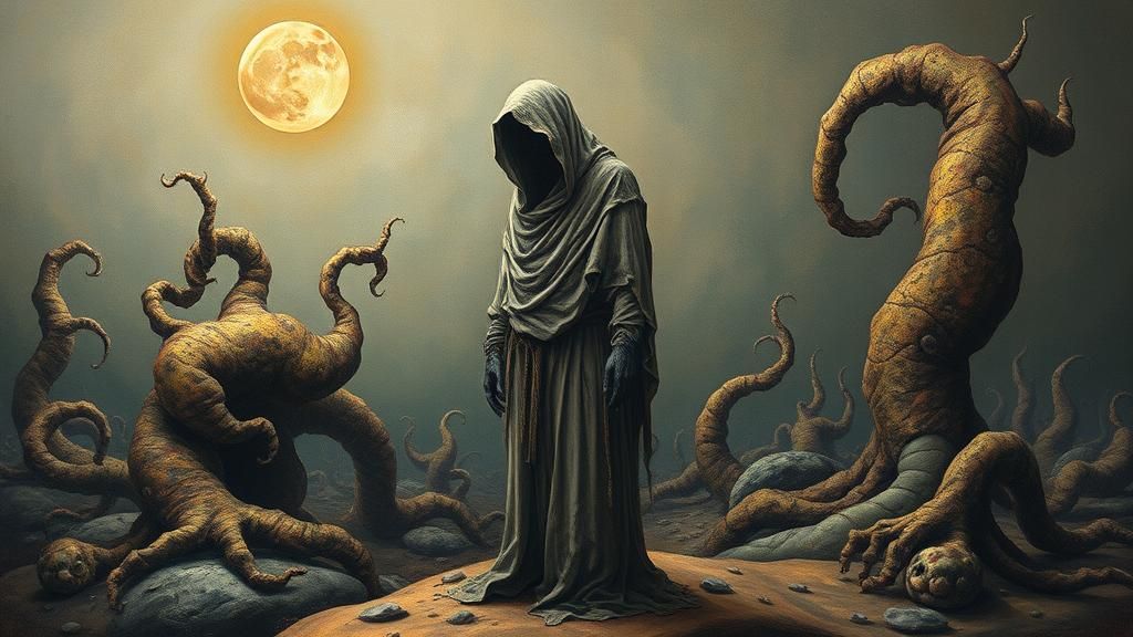 Surreal Figure in Dreamlike Biomorphic Landscape