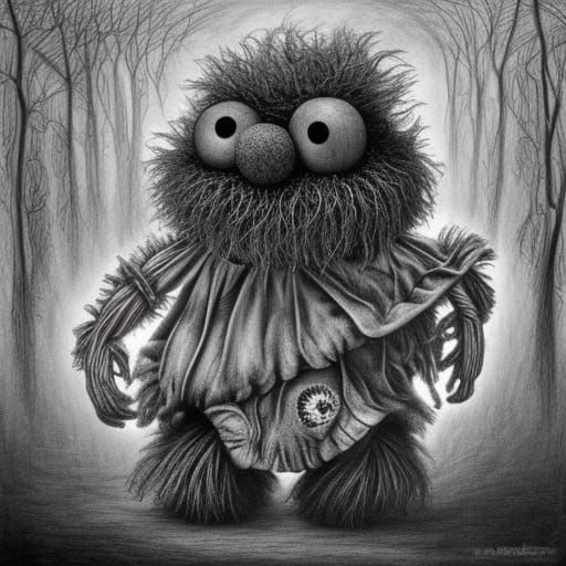 Surreal Fungal Muppet Clown in Charcoal Drawing Style