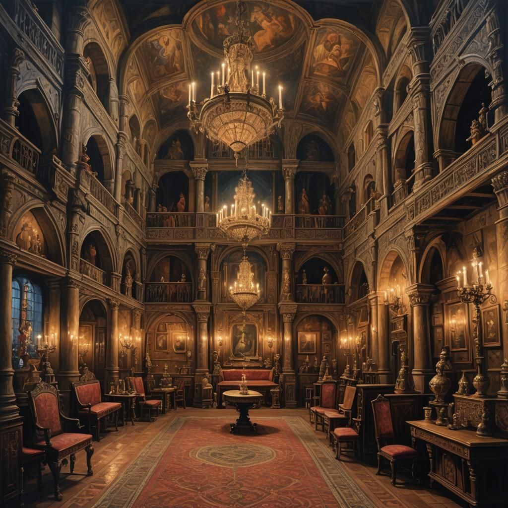 Dimly lit medieval lair with antique furnishings