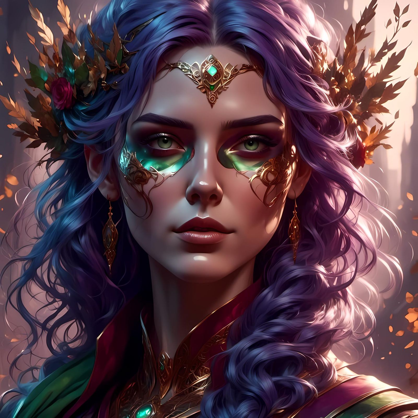Lovely Lady, Wavy Forest Green Hair, Purple Shades Highlights,