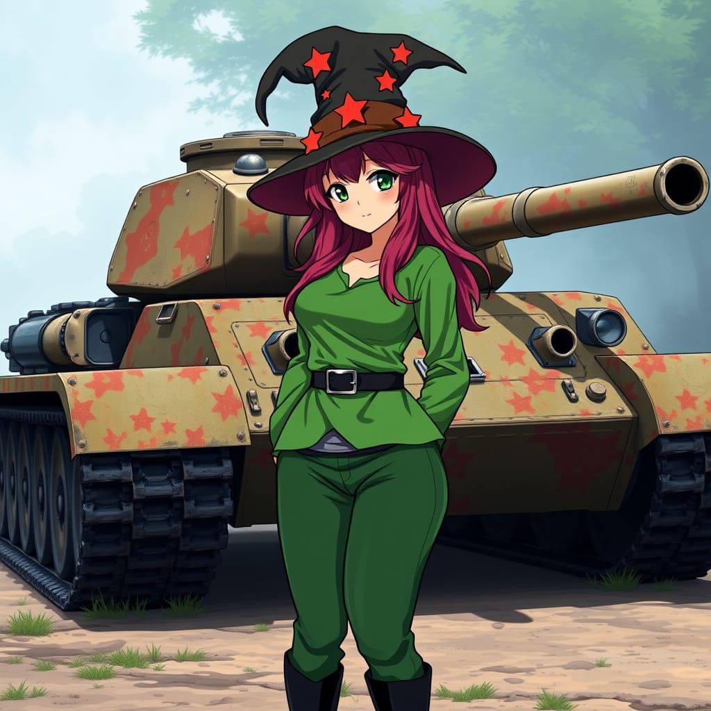 Anime-Inspired Witch in Front of a Vintage Tank