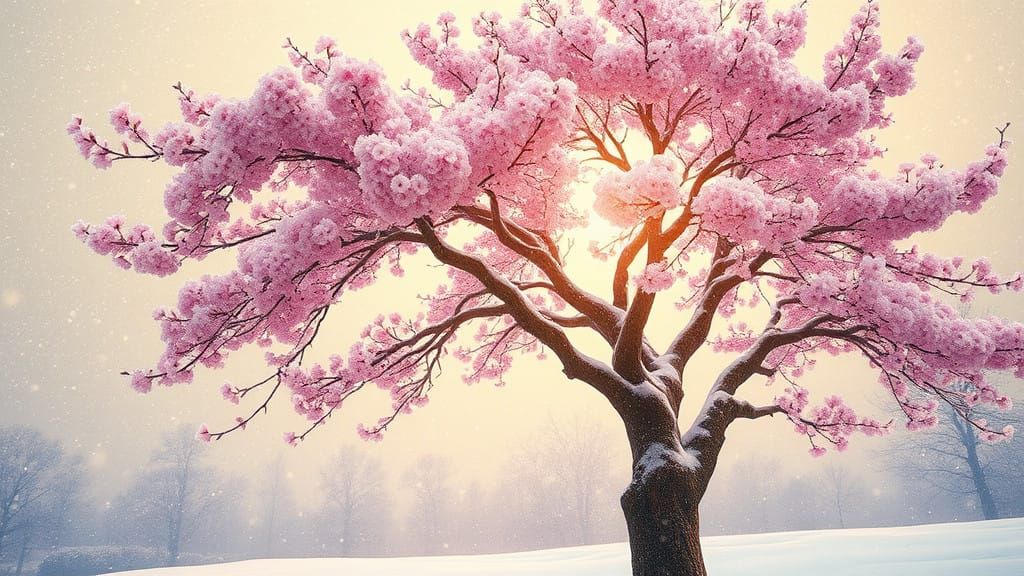Surreal Cherry Blossom Tree Set Against Golden Winter Snowfa...
