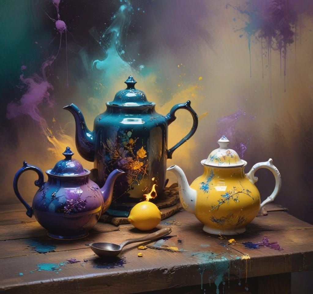 Vintage Teapots on Rustic Table in Smudge Grunge Palette
