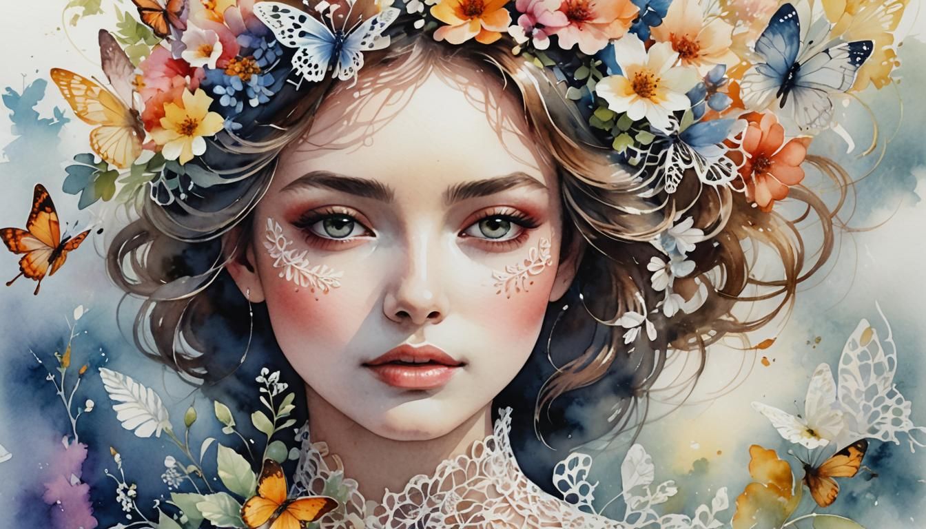 Dramatic Woman's Face in Watercolor Double Exposure