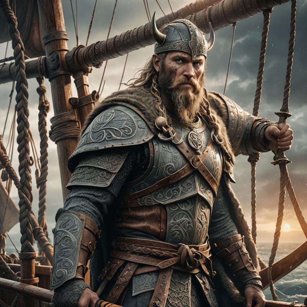Viking Warrior on Ship in Norse Mythological Style