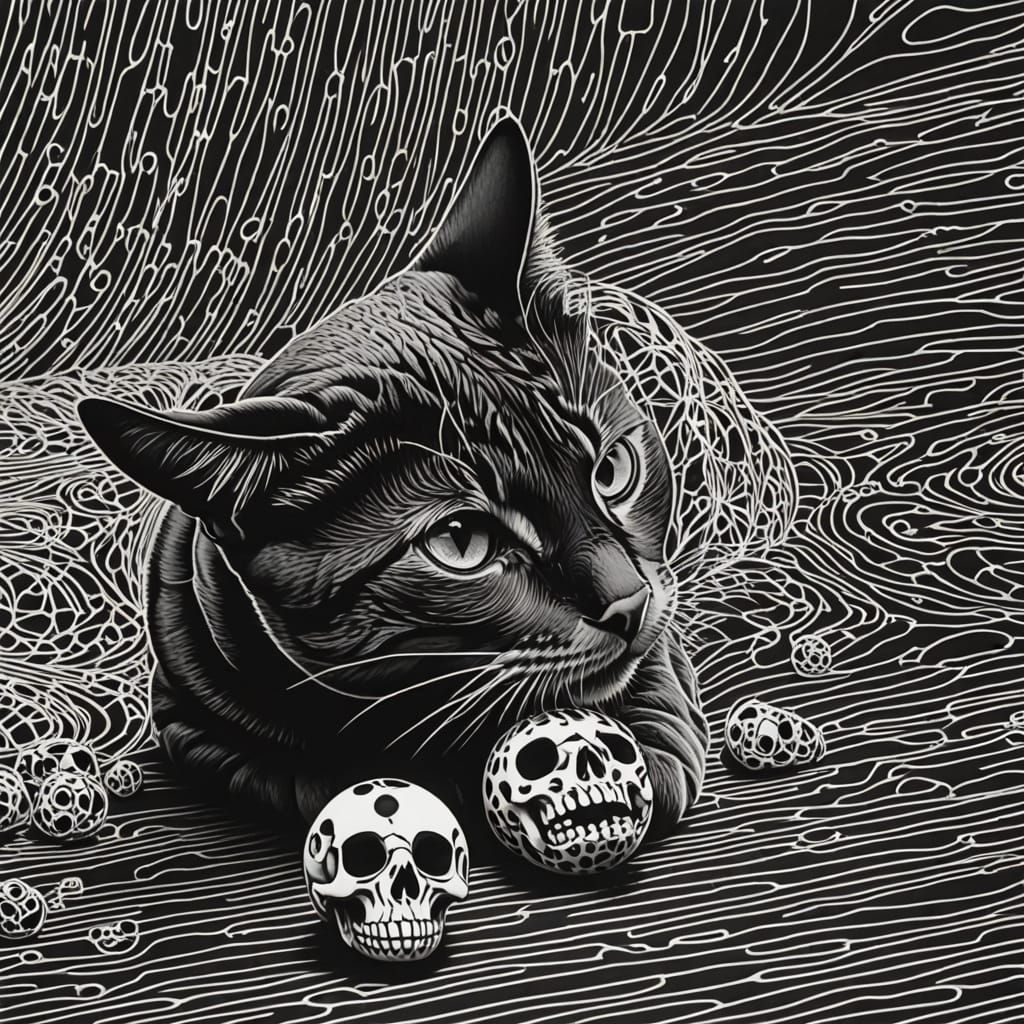 Optical Illusion Cat Toys with Skull in Black and White