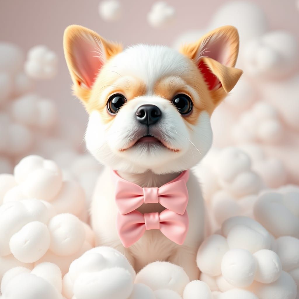 Kawaii Dog with Pink Bow Tie in Dreamy Clouds
