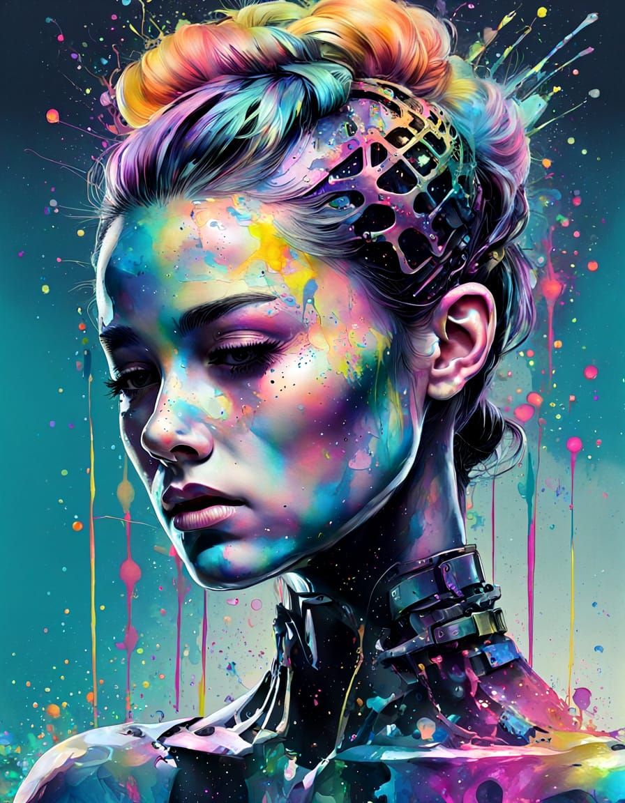 Iridescent Cybernetic Ballerina with Ink Splatter