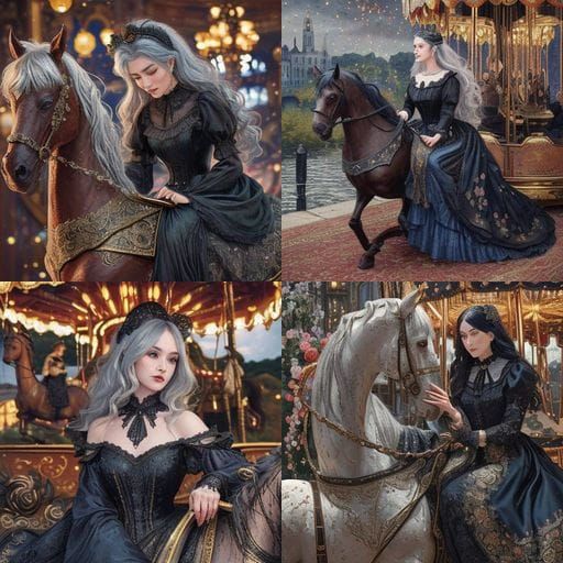 Gothic Elegance: Woman on Carousel Horse with Butterfly