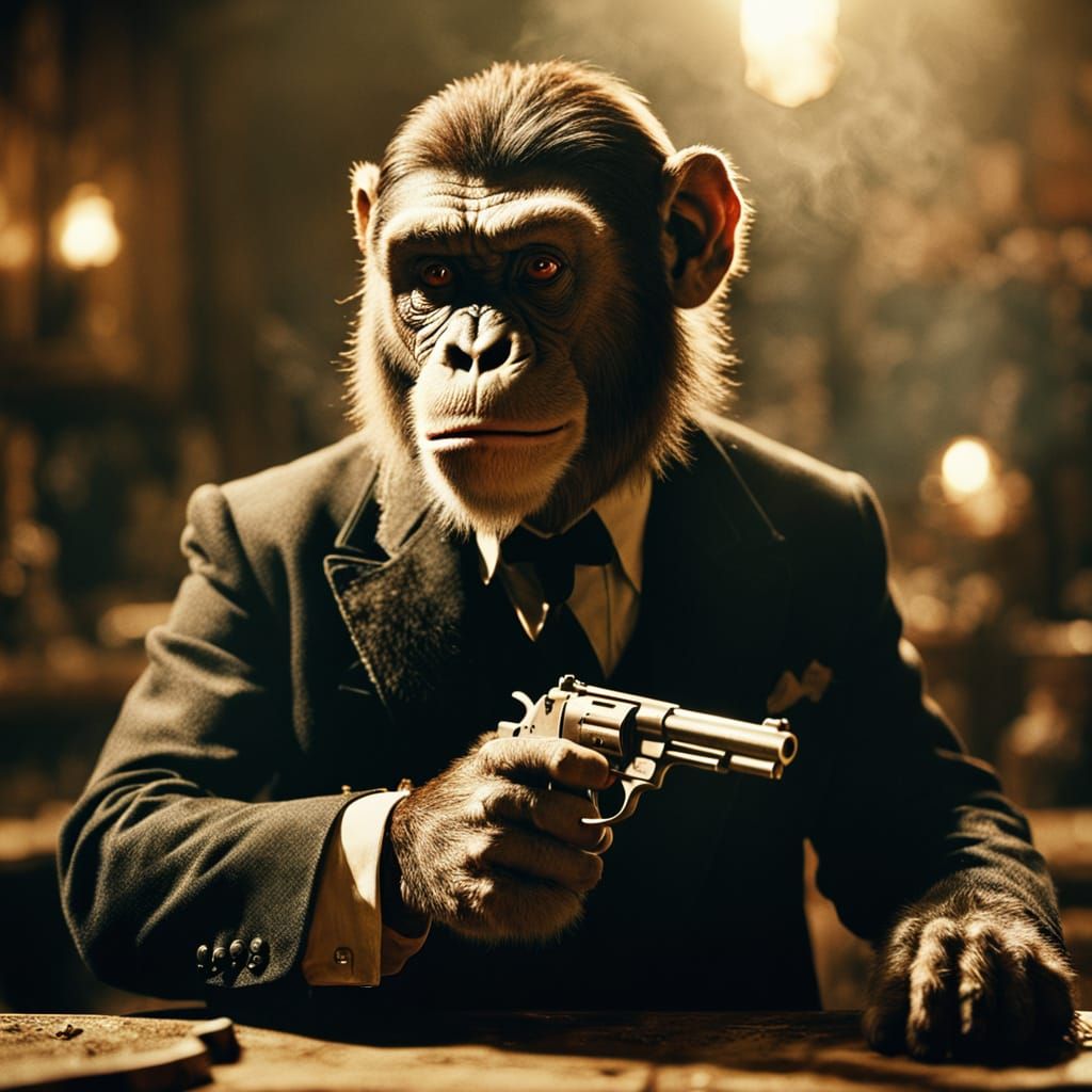 Monkey with Pistol in Smoky Saloon: Cinematic Film Still