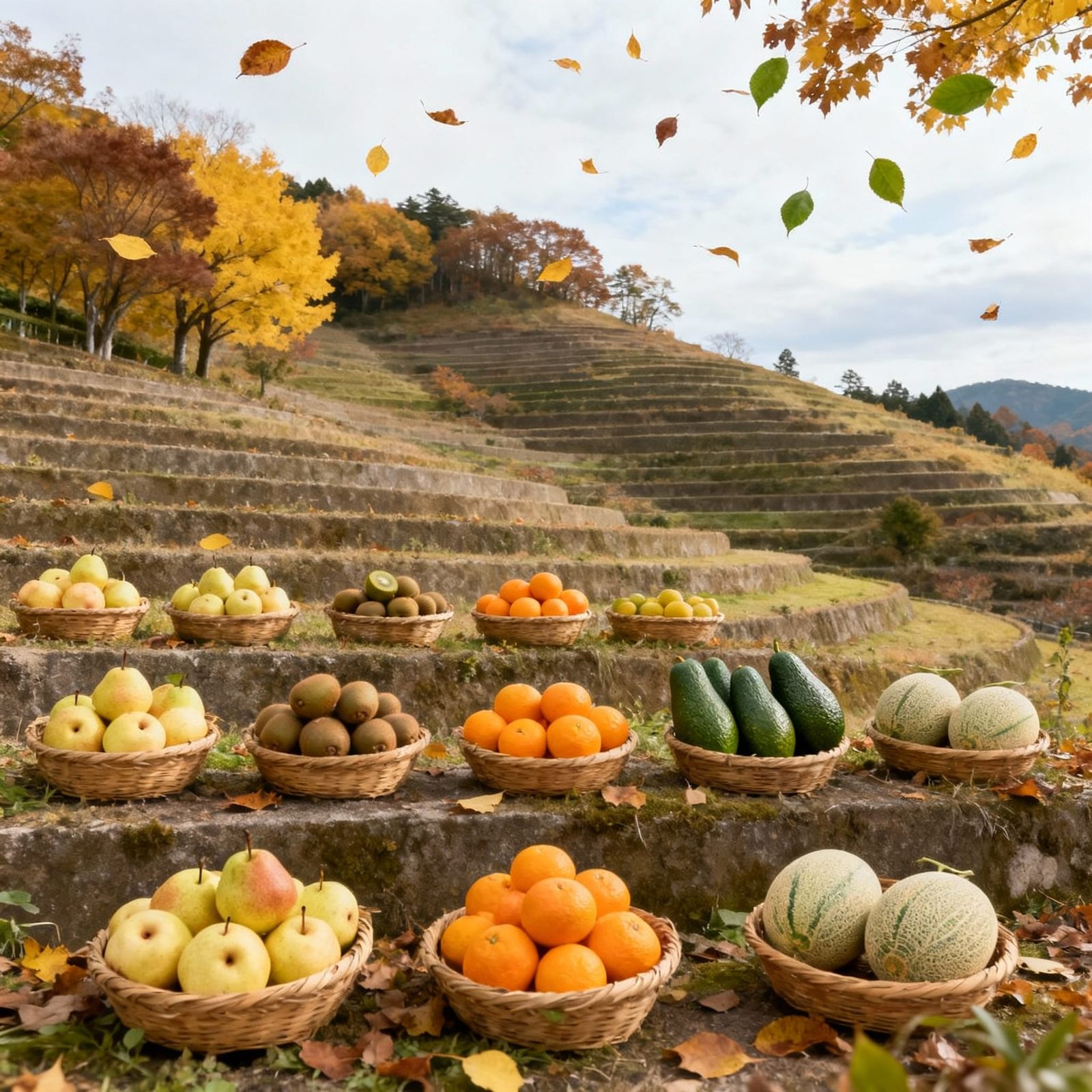Autumn Terraces in Japan with Falling Leaves and Fruit