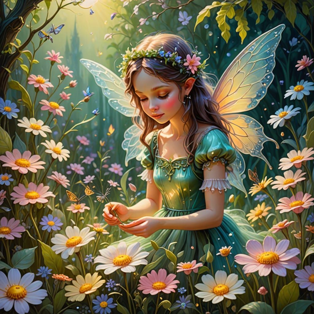 Whimsical Fairy in a Vibrant Miniature Garden