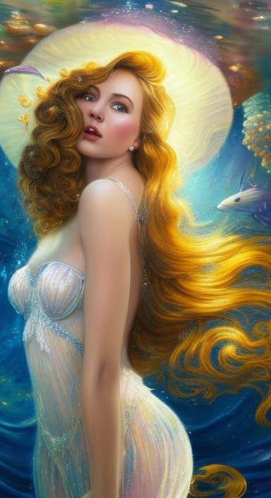 Golden Mermaid Princess Portrait in Hyperrealistic Manga Sty...