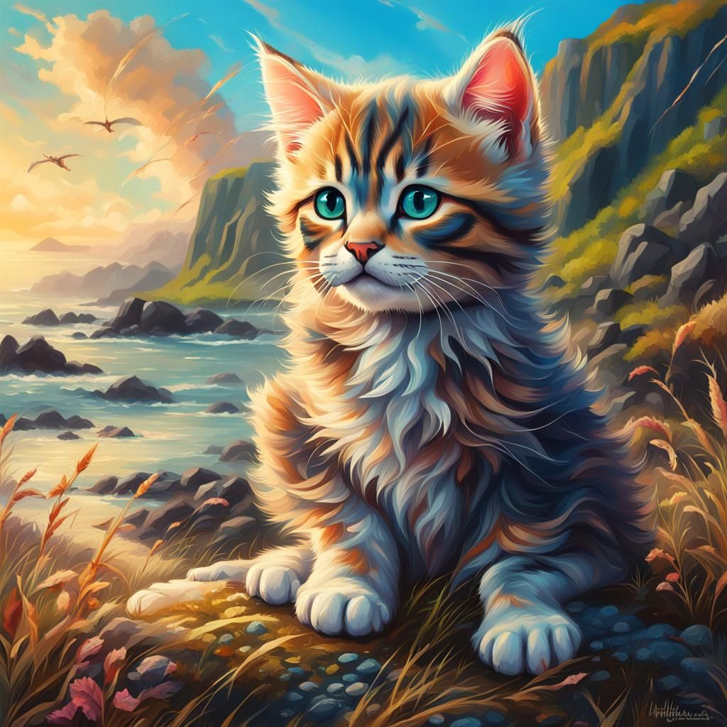 Hyperrealistic Kitten King on Scottish Shore