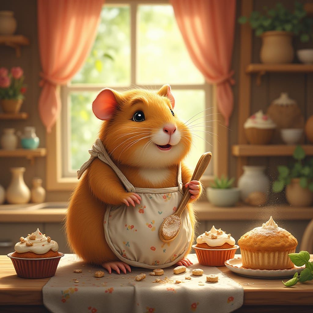 Whimsical Guinea Pig Grandmother in Cozy Treehouse Kitchen