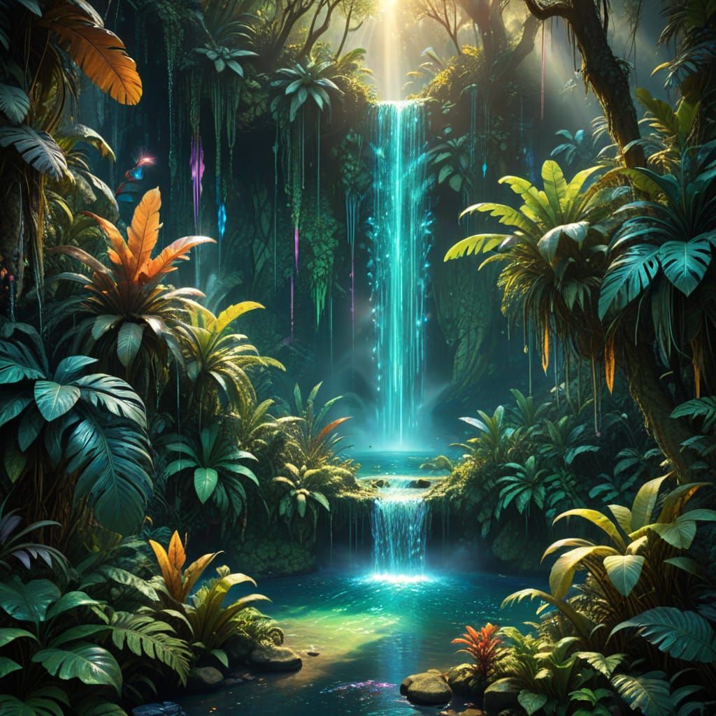 Lush Jungle Canopy with Crystal Waterfalls in Art Deco Style