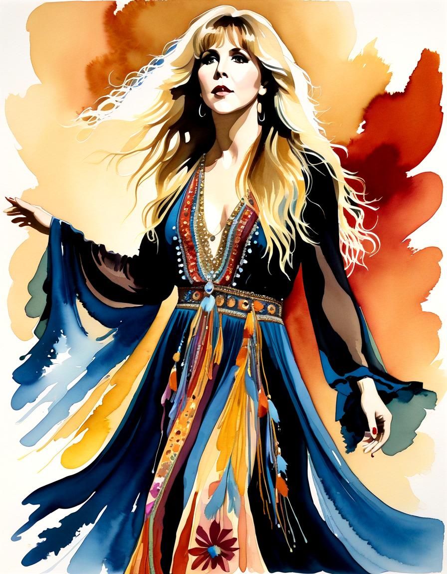 Stevie Nicks on Stage: A Gouache Painting