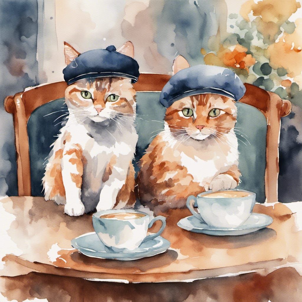 Cats in French Cafe, Watercolor Style