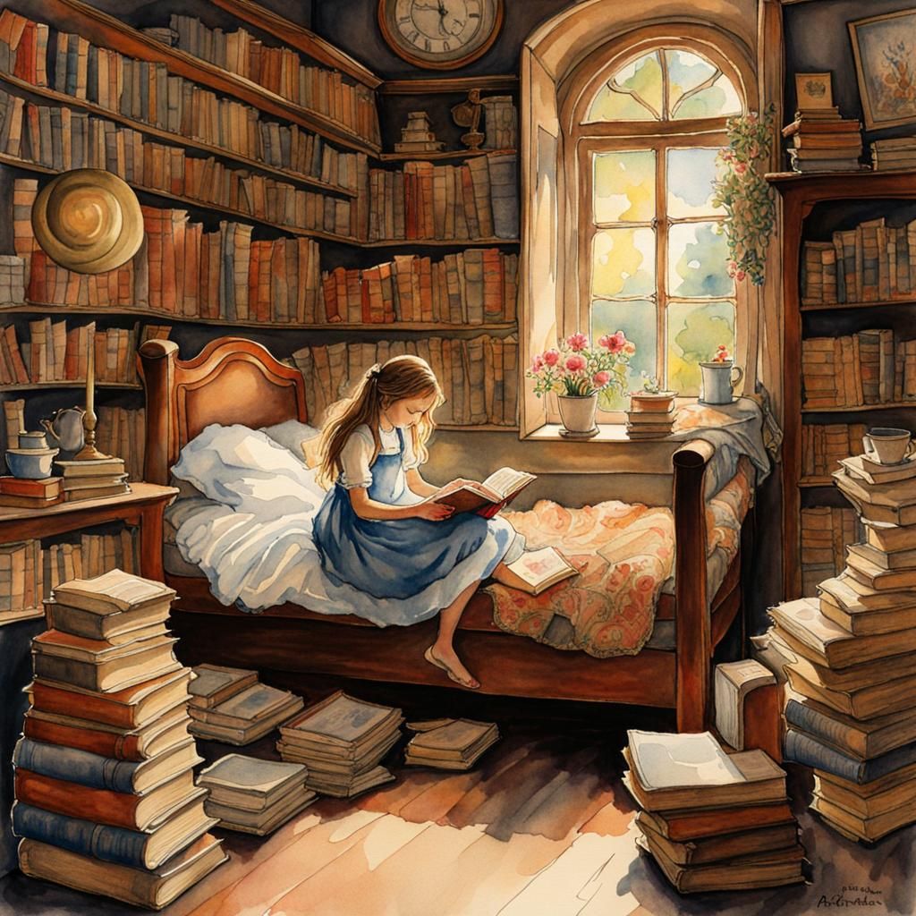 Girl Reading Surrounded by Books in Watercolour Style