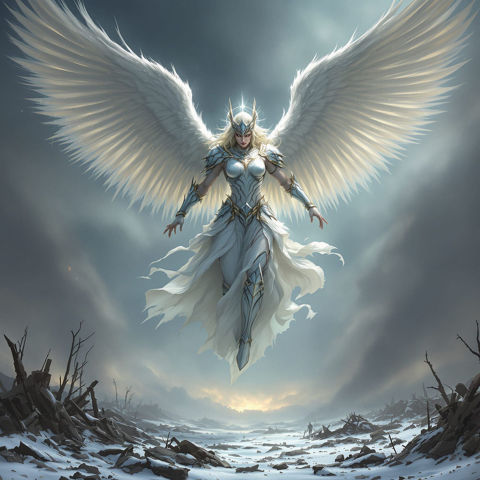 Angel Descends on Snowy Battlefield in Dark Fantasy Style