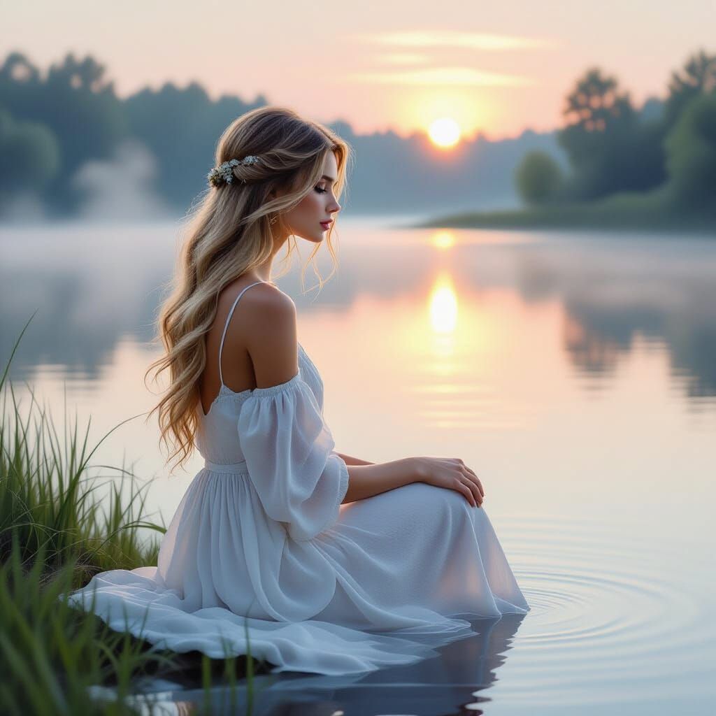Serene Woman by Tranquil Lake at Sunrise Oil Painting