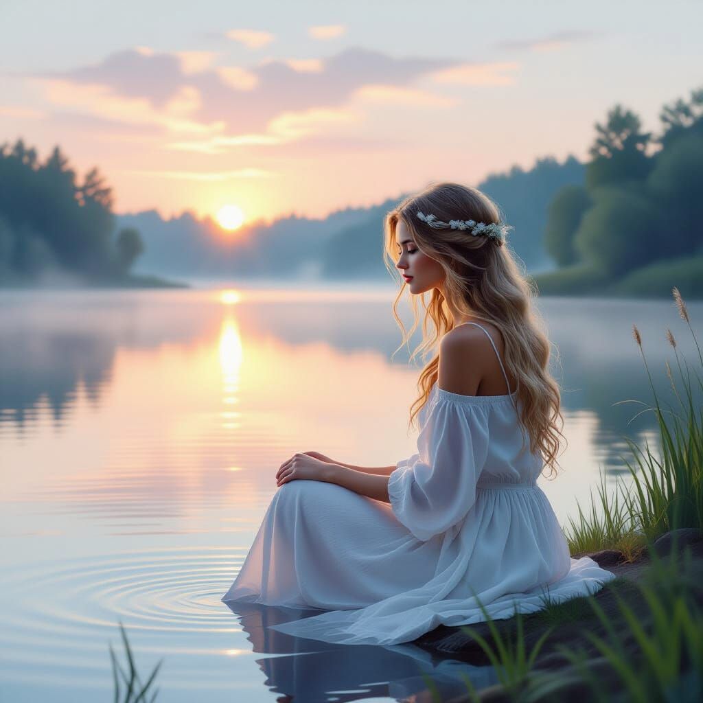 Serene Woman by Tranquil Lake at Dawn in Oil Painting Style