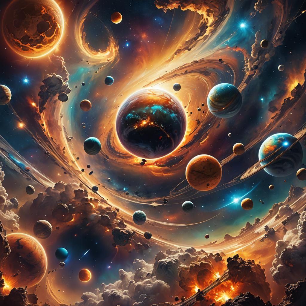 Cosmic Planets Orbiting the Sun as Oil Painting