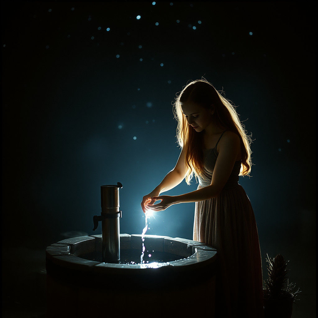 Woman Collects Starlight from Well: Cinematic Film Still