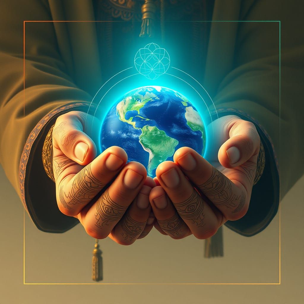 Hands Cradling Earth in Retro-Futuristic Style