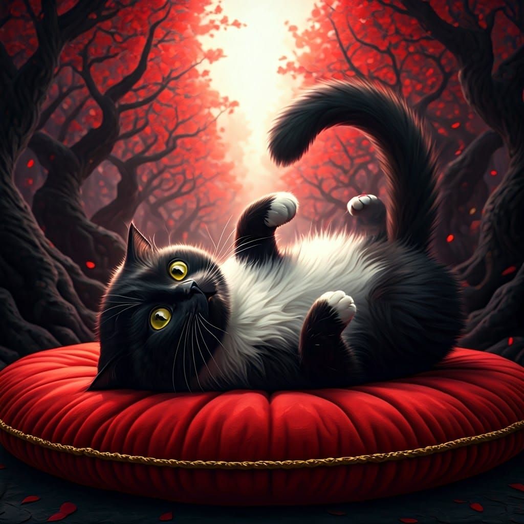 Playful Black Cat on Heart Cushion: Fantasy Art