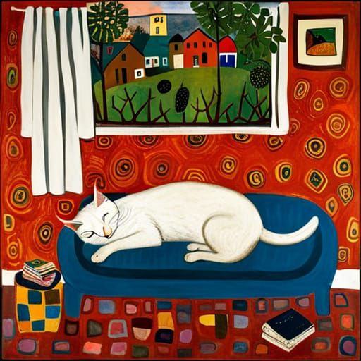 Cat Sleeping in Bed: Abstract Expressionist Art