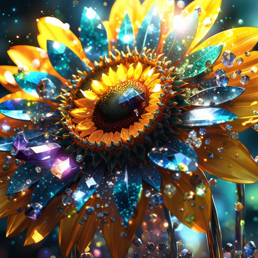Magical Crystal Sunflower Close-Up in Photorealistic Style