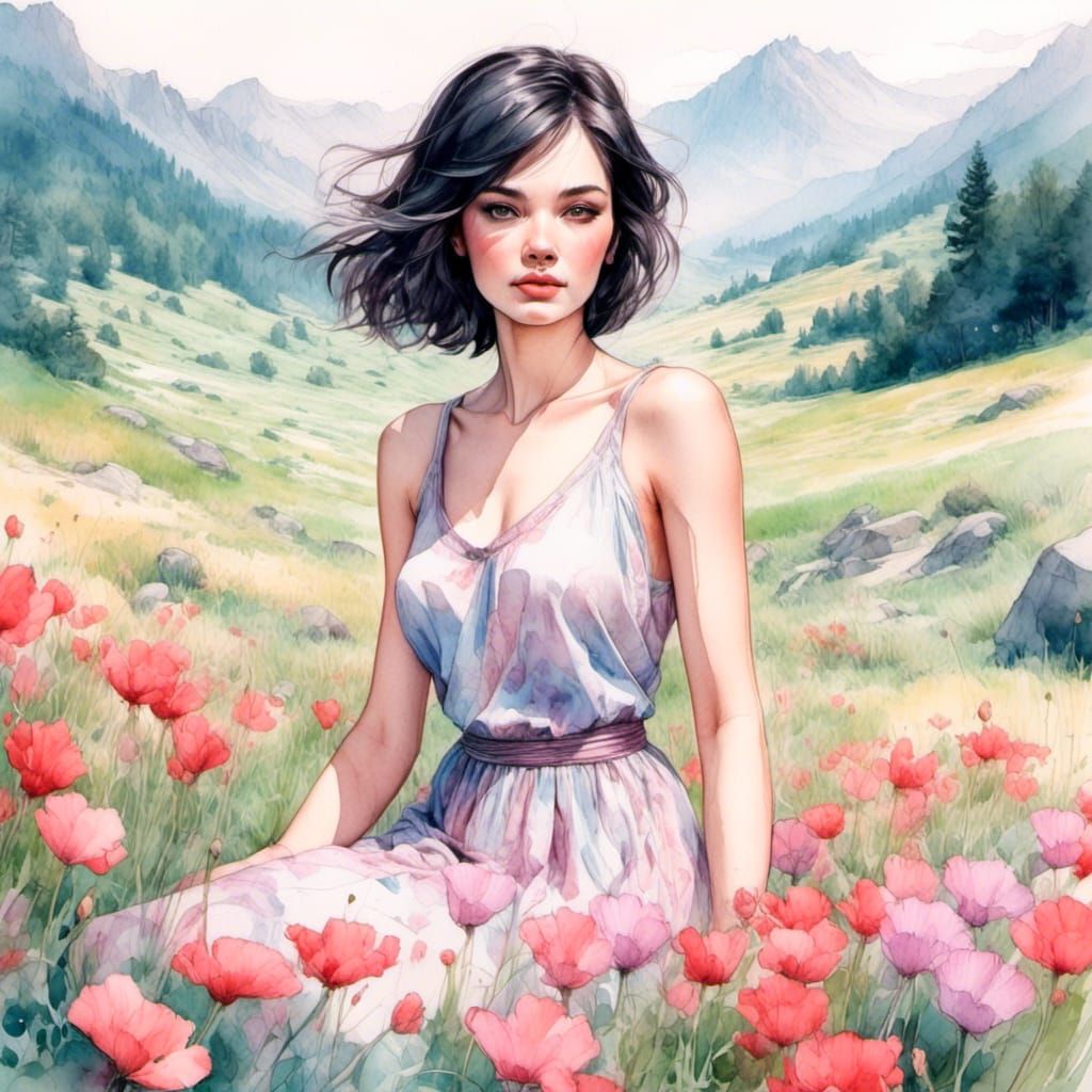 Watercolor Meadow Portrait in Swords and Sorcery Style