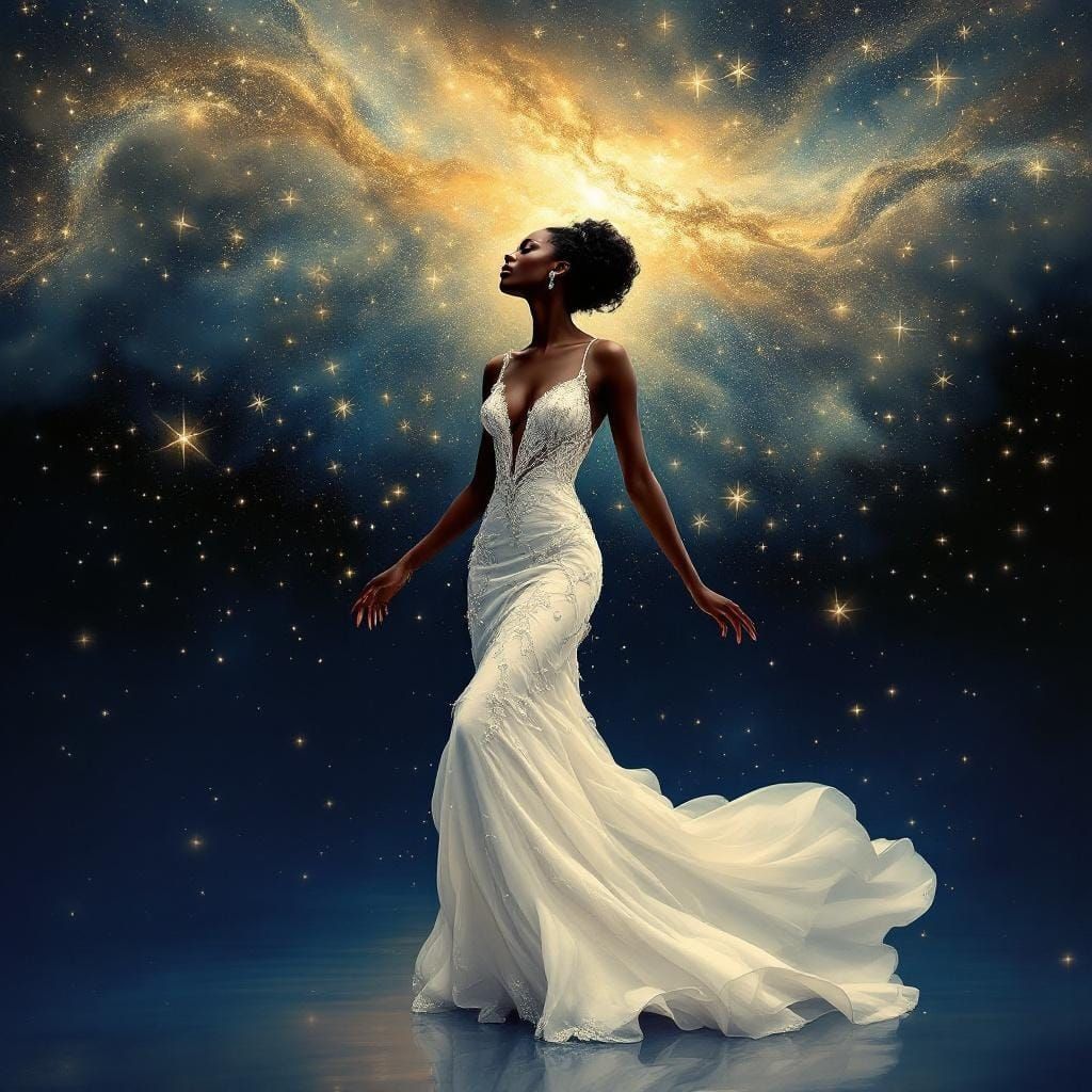 Celestial Ebony Woman in White Gown: Art Nouveau