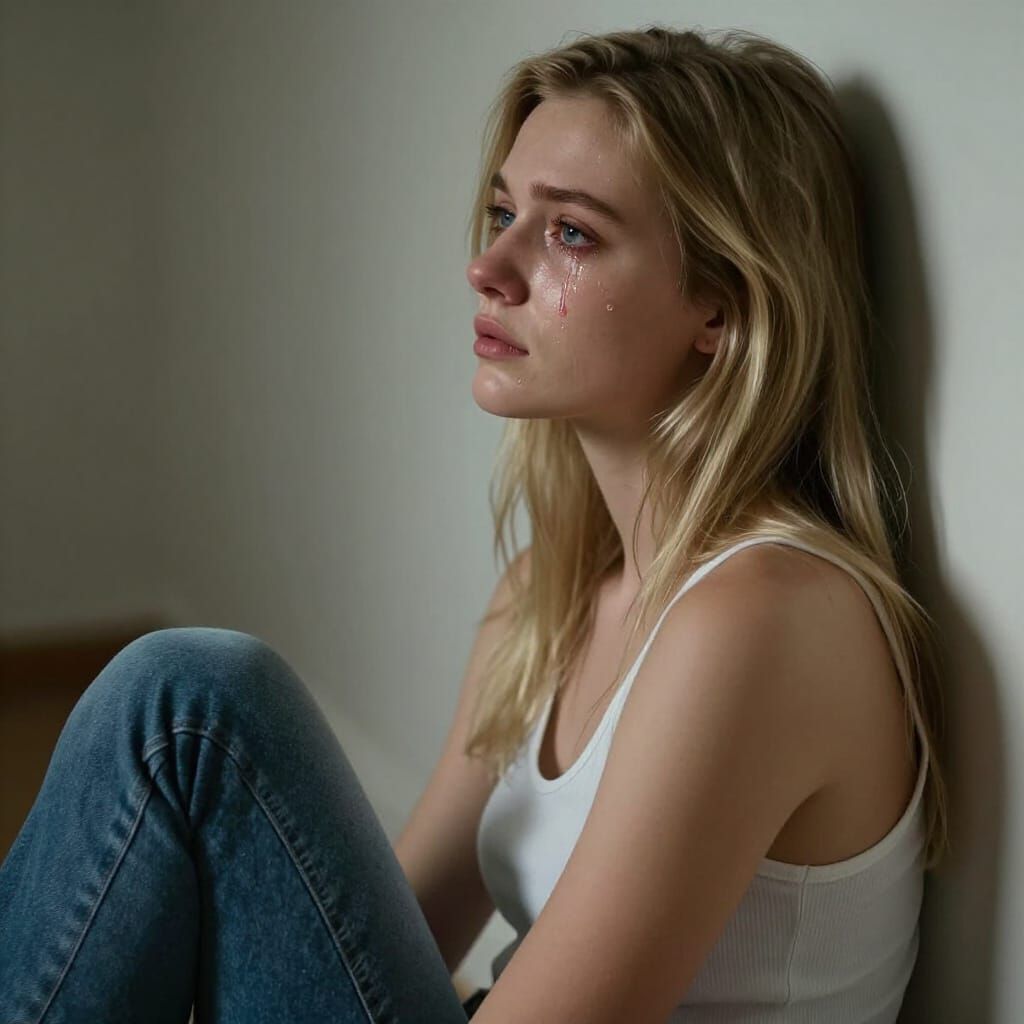 Melancholic Woman Crying by Wall in Soft Light