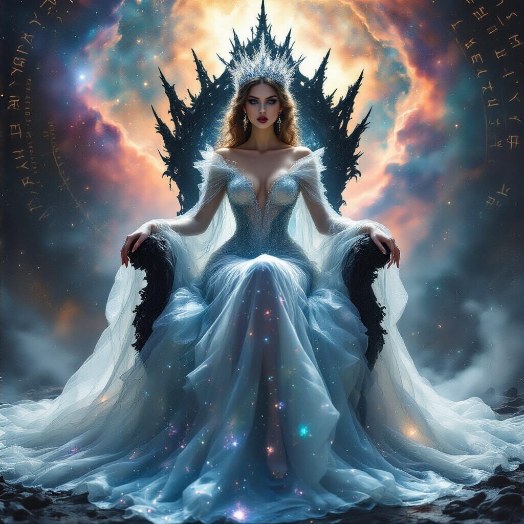 Regal Queen in Molten Glass Gown with Starlight Crown