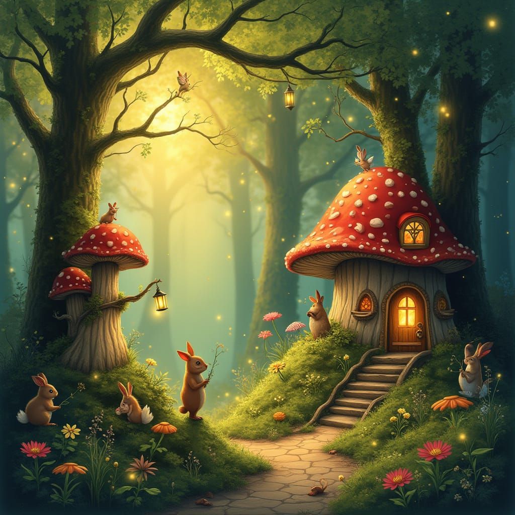 Whimsical Fairy Tale Forest in Golden Nostalgic Glow