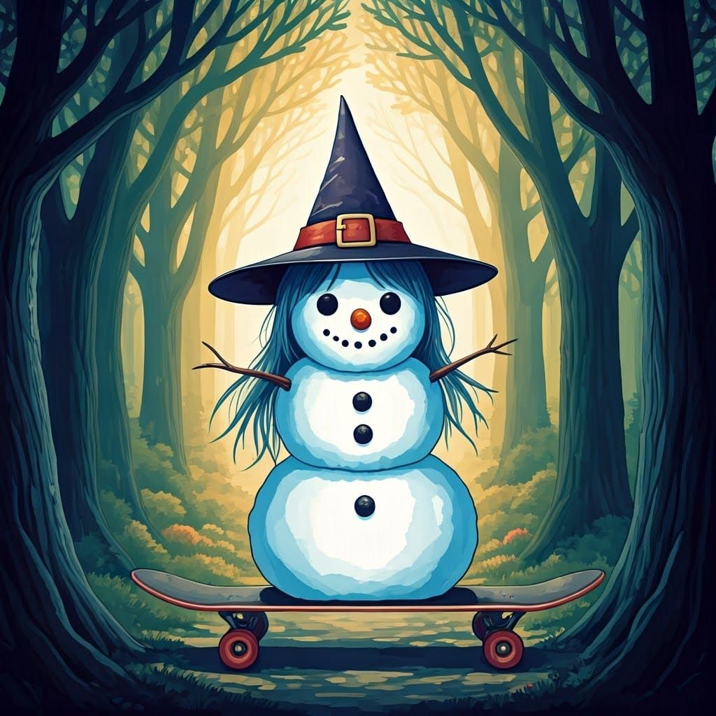 Snowman Witch on Skateboard in Orchard, Ink Illustration