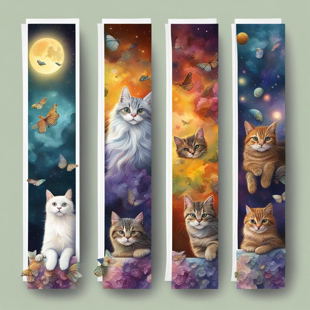 Whimsical Cat Bookmarks: Fantasy Concept Art