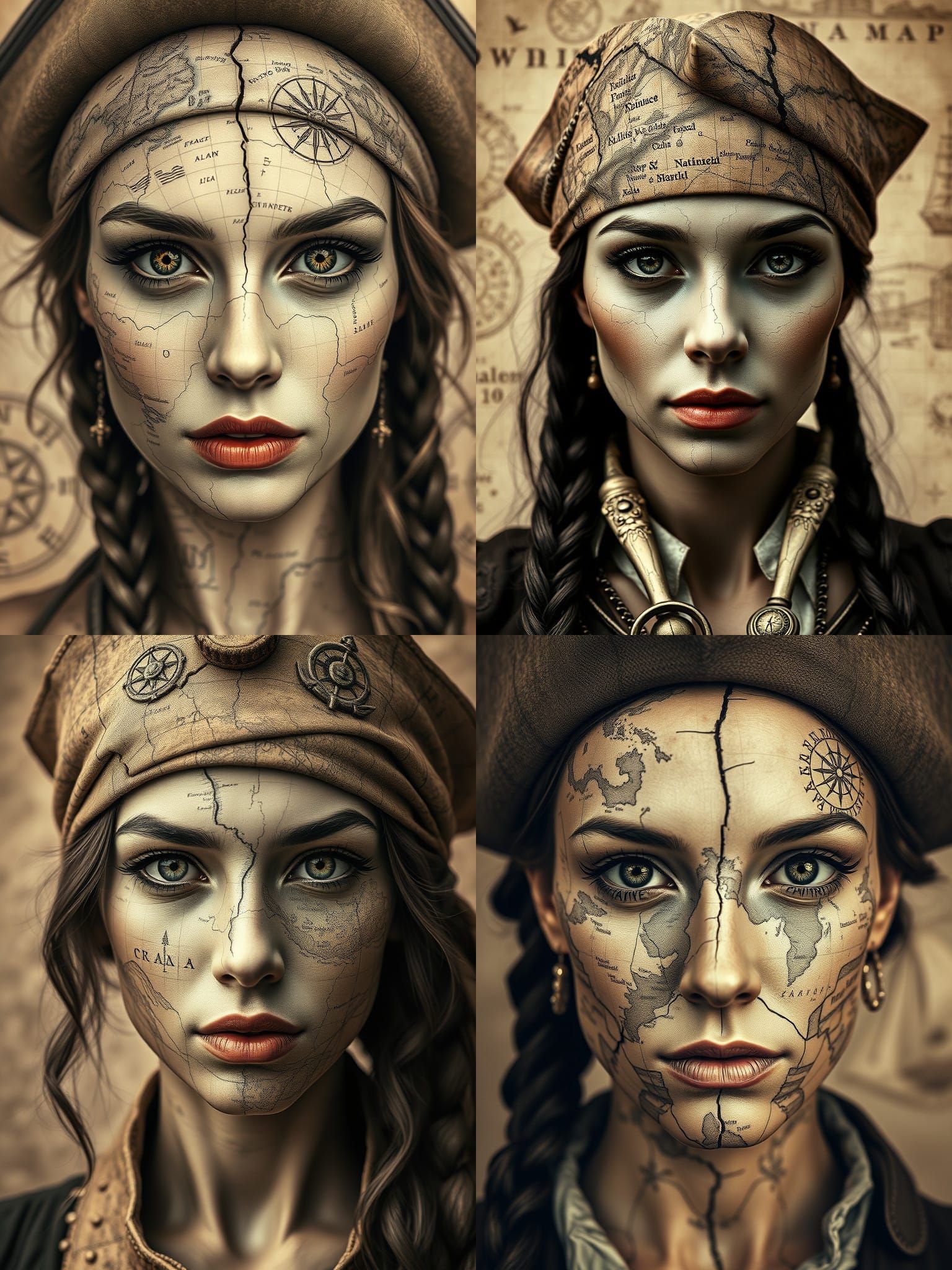 Pirate Woman's Face Composed of Antique Map