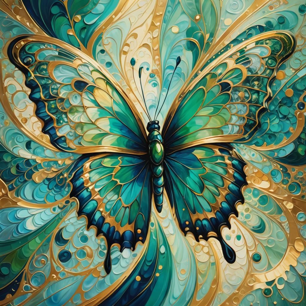 Abstract Butterfly with Expressionist Brushstrokes in Emeral...