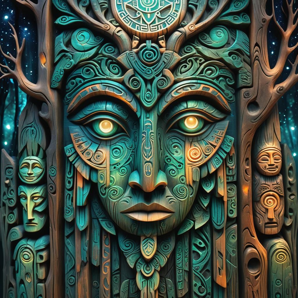 Mystical Wood Carving of Glowing Totem